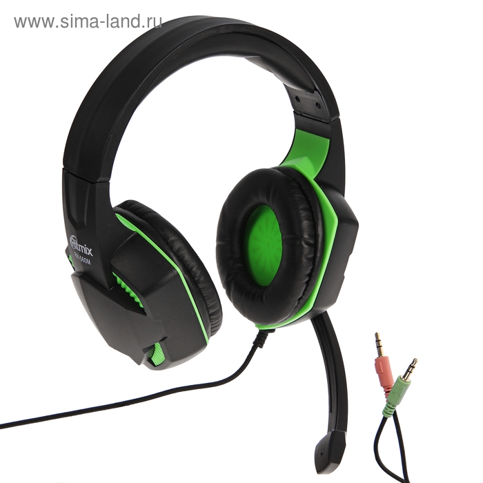 Наушники Ritmix RH-560M Gaming, игровые, полноразмерные,микрофон,3.5мм, 1.8 м, черно-зеленые Наушники Ritmix RH-560M Gaming, игровые, полноразмерные,микрофон,3.5мм, 1.8 м, черно-зеленые