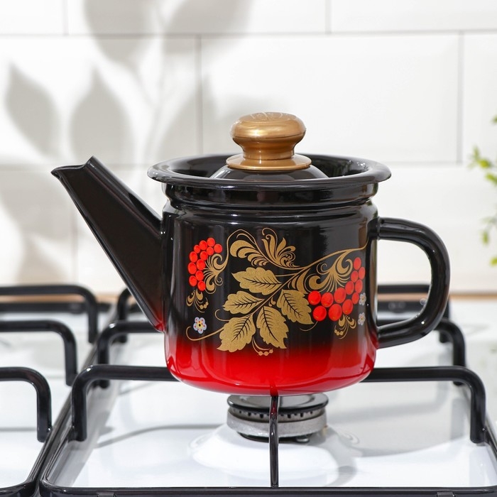 Чайник эмалированный заварочный, 1 л, фиксированная ручка, цвет красно-чёрный, рисунок МИКС Чайник эмалированный заварочный, 1 л, фиксированная ручка, цвет красно-чёрный, рисунок МИКС