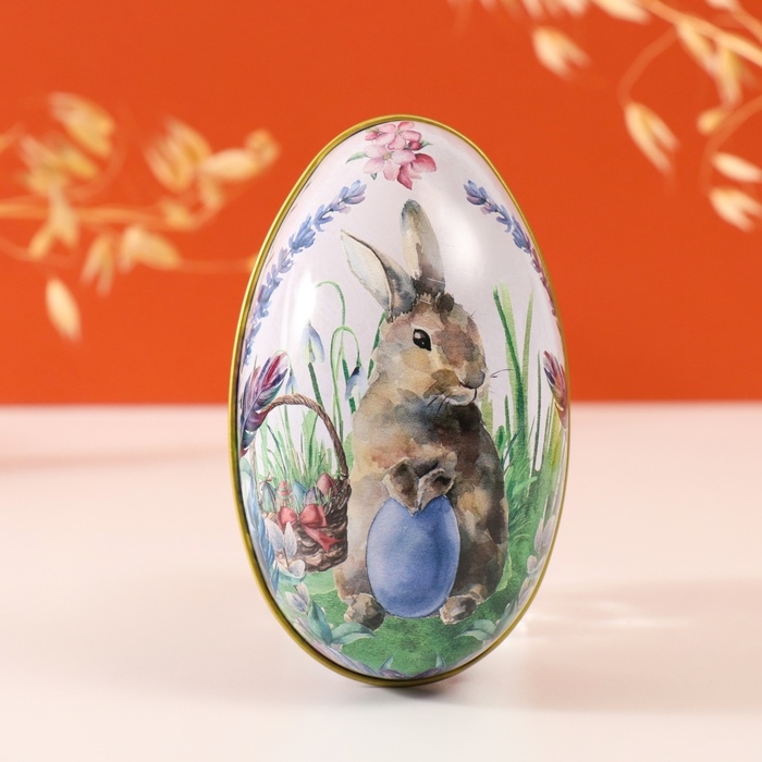 Шкатулка металл яйцо Шкатулка металл яйцо "Пасхальный зайка в траве с яичком" 7х6,5х11 см