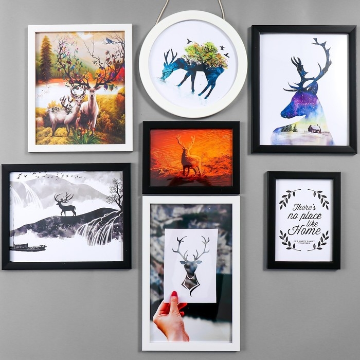 Фоторамка пластик на 7 фото+надпись+полочка  Фоторамка пластик на 7 фото+надпись+полочка "Family. Птицы" чёрно-белые набор 86х186 см