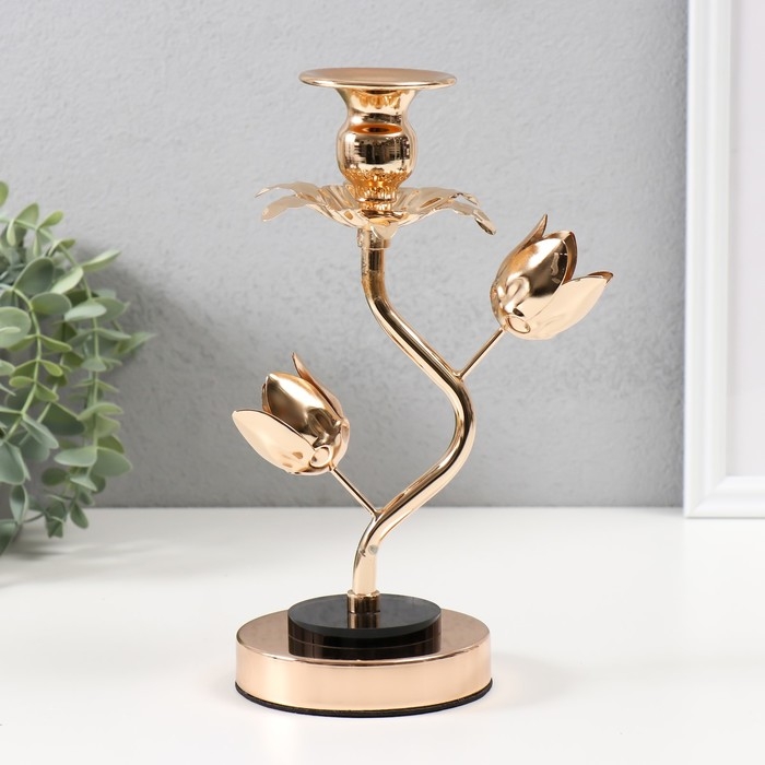 Подсвечник металл, акрил на 1 свечу  Подсвечник металл, акрил на 1 свечу "Золотые тюльпаны" d=2-6 см 10х10х22,5 см