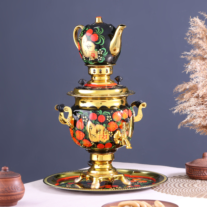 Набор «Хохлома», овал, 3 предмета, самовар 3 л, заварочный чайник 0,7 л, поднос Набор «Хохлома», овал, 3 предмета, самовар 3 л, заварочный чайник 0,7 л, поднос