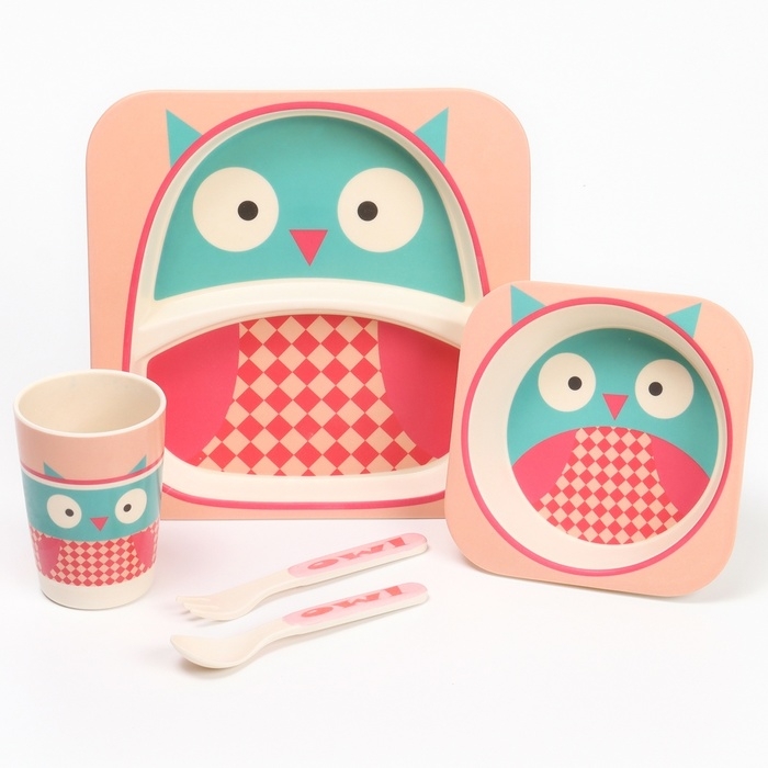 Набор детской посуды из бамбука «Совушка», 5 предметов: тарелка, миска, стакан, столовые приборы Набор детской посуды из бамбука «Совушка», 5 предметов: тарелка, миска, стакан, столовые приборы