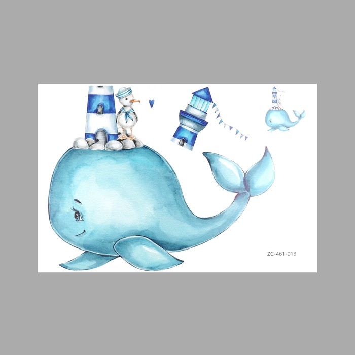 Наклейка пластик интерьерная цветная Наклейка пластик интерьерная цветная "Кит с маяком и чайкой" 40х60 см