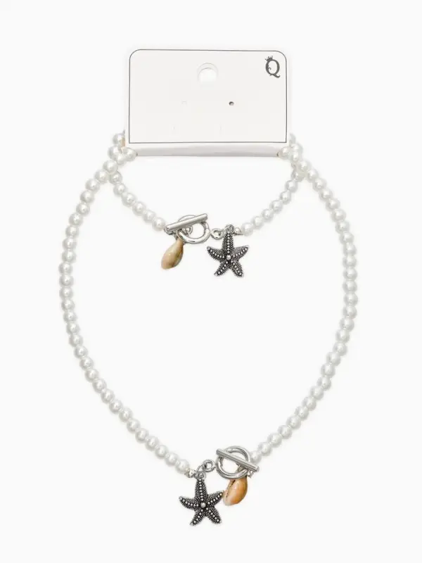 Набор 2 предмета: бусы. браслет &laquo;Жемчуг. Звезда&raquo;, L=18/42 см, №6, белый в серебре