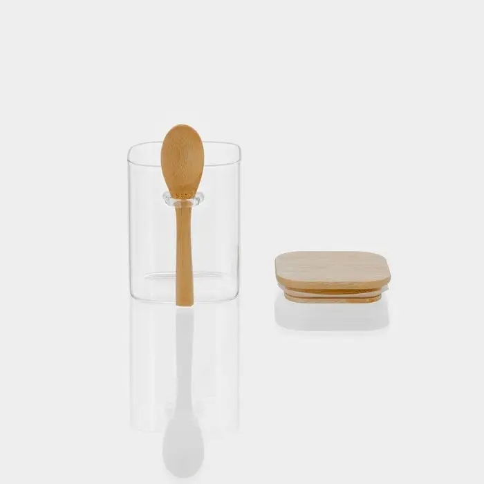 Банка для сыпучих BellaTenero &laquo;Эко&raquo;, 500 мл, 10.5&times;8.2&times;10.5 см, с бамбуковой крышкой и ложкой, стекло, прозрачная