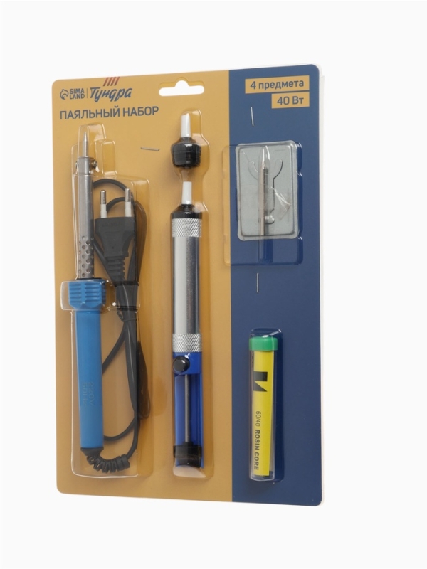 Паяльный набор ТУНДРА, паяльник 40 Вт, оловоотсос, подставка, припой, 4 предмета Паяльный набор ТУНДРА, паяльник 40 Вт, оловоотсос, подставка, припой, 4 предмета