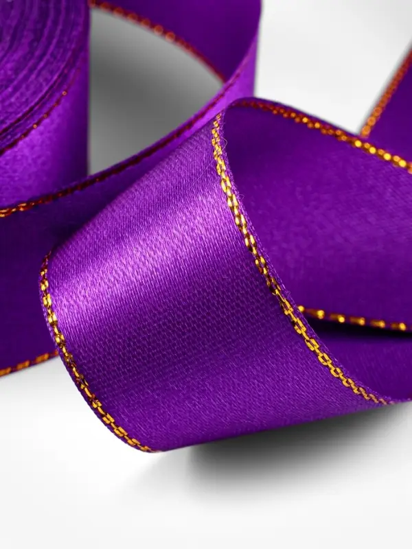 Лента атласная, с золотым люрексом, 25 мм, 23&plusmn;1 м, фиолетовая, №35