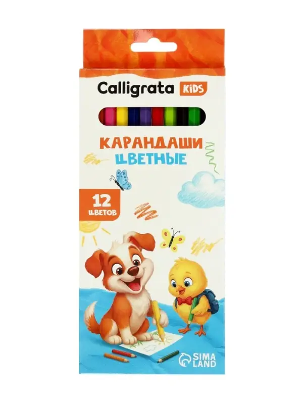 Карандаши Calligrata, цветные 12 цветов, эконом, заточенные, шестигранные, пластиковые