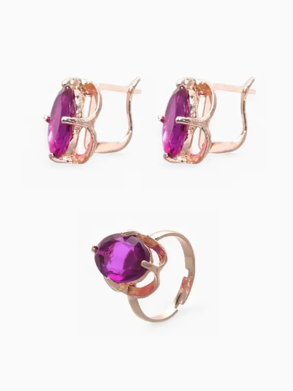 Гарнитур 3 предмета: серьги, кулон, кольцо безразмерное &laquo;Эдель&raquo;, классик, фиолы в золоте, 45 см