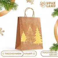 Пакет крафт с зол. тиснением, круглая ручка,"Рожденственский лес" 21 х 27 х 11 см, 120 г