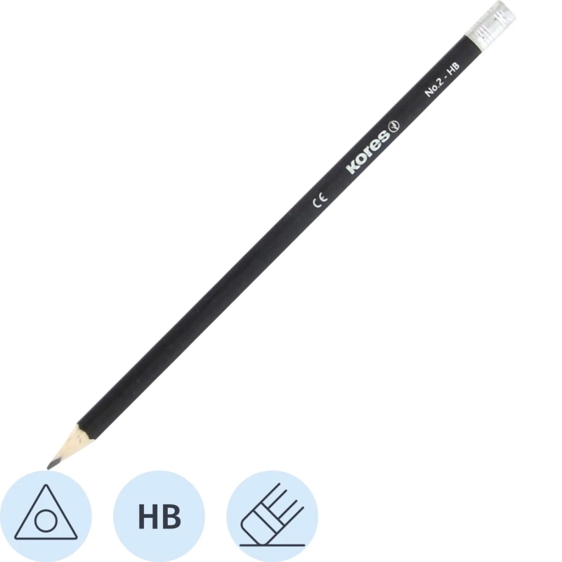 Карандаш чернографитный Kores трехгранный HB с ластиком
