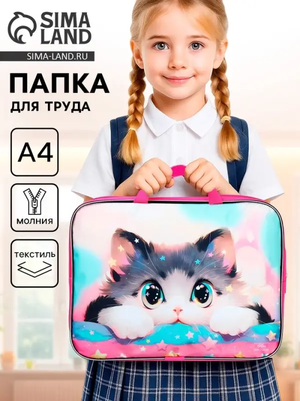 Папка для труда, А4, текстильная, 35&times;27&times;7 см &laquo;Котик корея&raquo;