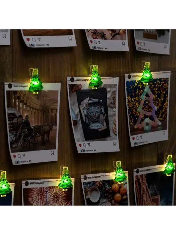 Гирлянда &laquo;Нить&raquo; 2 м роса с насадками &laquo;Прищепки-ёлки&raquo;, IP20, серебристая нить, 20 LED, батарейки ААх2 (нет в комплекте), свечение тёплое белое