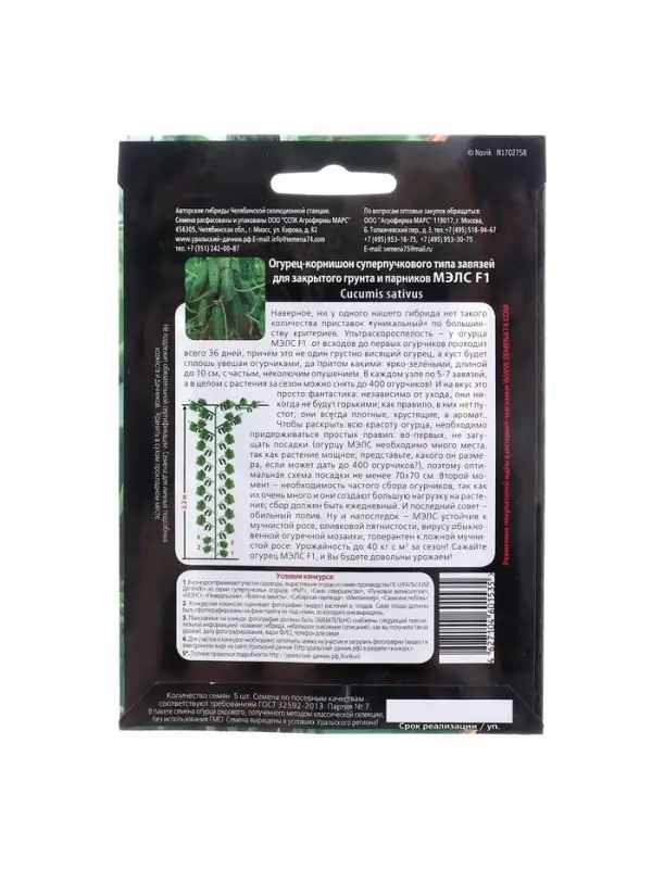 Семена огурец корнишон &laquo;Мэлс&raquo;, F1, партенокарпический, 5 шт., &laquo;Уральский дачник&raquo;