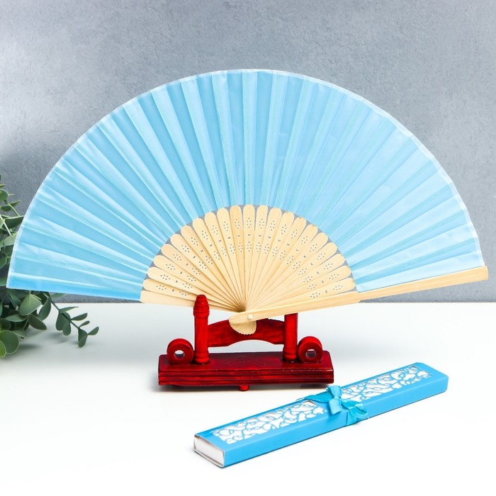 Веер бамбук, текстиль h=21 см  Веер бамбук, текстиль h=21 см "Моноцвет" в коробке, голубой