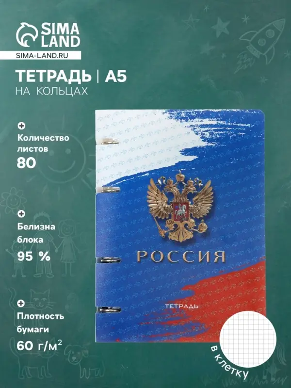 Тетрадь на кольцах A5 &laquo;Россия&raquo;, 80 листов в клетку, вырубка под кольца, сменный блок