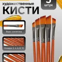 Набор кистей для рисования, синтетика, 5 штук: № 2, 4, 6, 8, 10, плоские, скошенные, в блистере, международный размер
