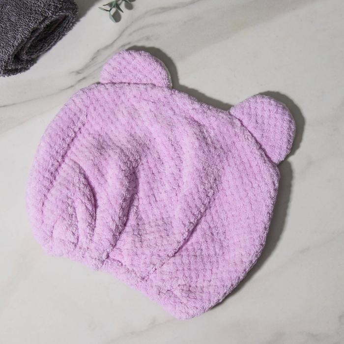 Чалма для сушки волос Доляна «Медвежонок», микрофибра, цвет розовый