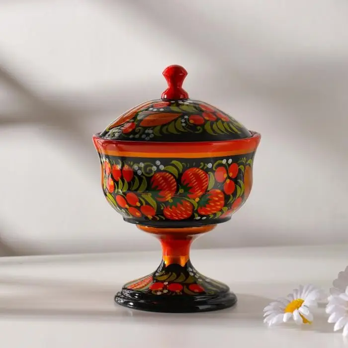 Конфетница, с крышкой, большая, хохлома Конфетница, с крышкой, большая, хохлома