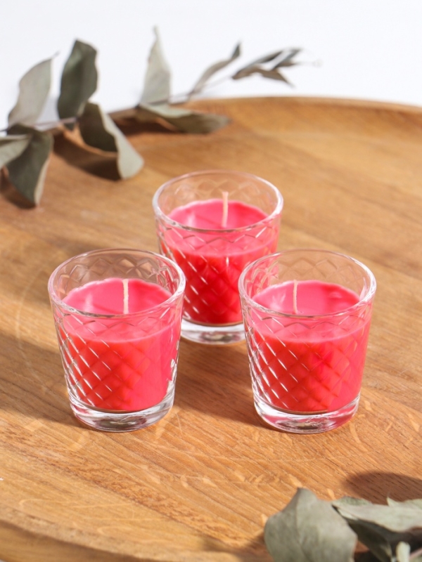 Свеча ароматическая в стакане (набор 3 шт) по 50 мл, 10 ч, 32 гр, ЗЕМЛЯНИКА