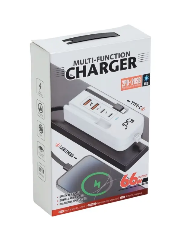 Зарядное устройство USB, 4 порта, с встроенными кабелями Type-C и Lightning, провод 1 м, белый