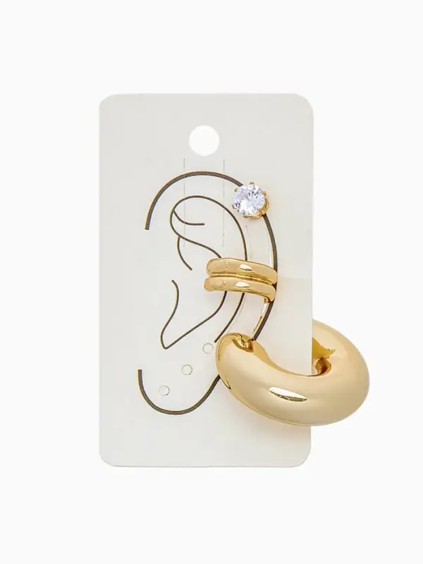 Серьга и кафф QF &laquo;Бублик&raquo;, набор 3 шт. стразы, цвет золото