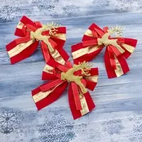 Ёлочные игрушки 3 шт. &laquo;Зимнее волшебство. Бант с оленем&raquo; пластик, 10&times;10 см, золотисто-красный
