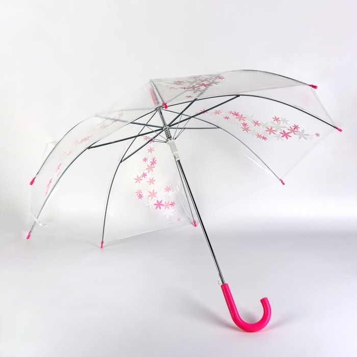 Зонт - трость полуавтоматический «Цветы», 8 спиц, R = 45/53 см, D = 106 см, цвет прозрачный/розовый Зонт - трость полуавтоматический «Цветы», 8 спиц, R = 45/53 см, D = 106 см, цвет прозрачный/розовый
