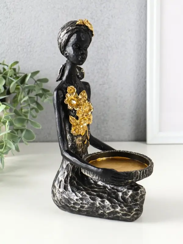 Подсвечник полистоун Подсвечник полистоун "Африканка в косынке с цветами" чёрный d=8 см 14х11,5х24,5 см