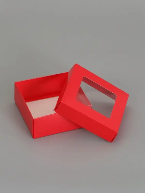 Коробка складная, крышка-дно,с окном, красная, 12 х 12 х 5 см