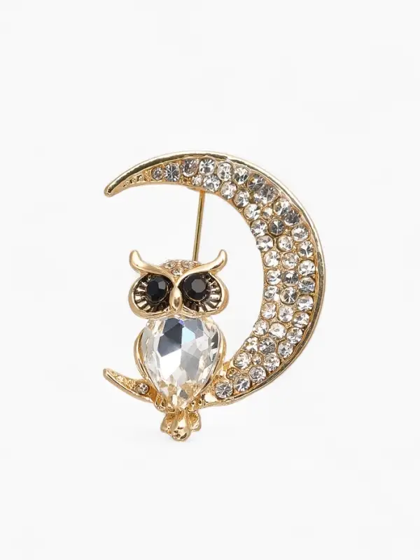 Брошь &laquo;Сова на месяце&raquo;, чёрный, белая в золоте
