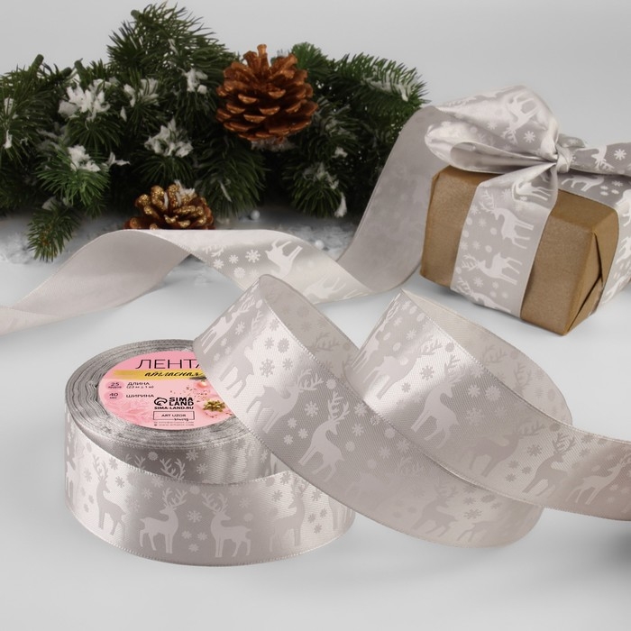 Новый год! Лента атласная «Олени», 40 мм, 23 ± 1 м, цвет серебряный/белый Новый год! Лента атласная «Олени», 40 мм, 23 ± 1 м, цвет серебряный/белый