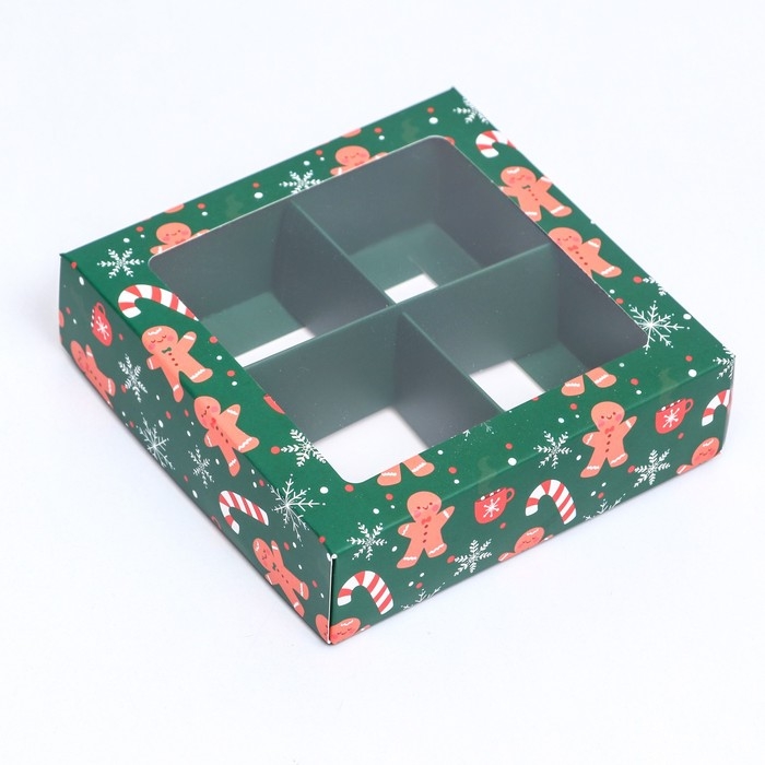 Новый год. Коробка под 4 конфеты, 12,6 х 12,6 х 3,5 Новый год. Коробка под 4 конфеты, 12,6 х 12,6 х 3,5 "Имбирный пряник" , кондитерская упаковка