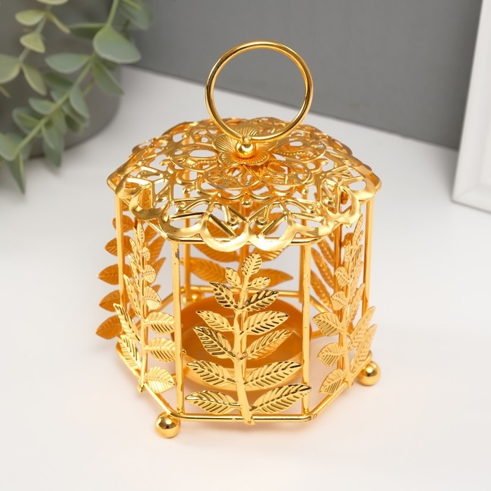 Подсвечник металл на 1 свечу  Подсвечник металл на 1 свечу "Фонарик. Цветок и веточки" золото d=5,5 см 9,8х10,5х14 см