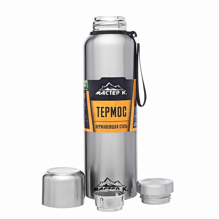 Термос, 1.5 л, Путешествие "Мастер К.", с кружкой, с ситечком, сохраняет тепло 24 ч