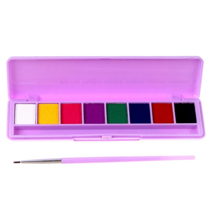 Аквагрим профессиональный для лица и тела 8 цветов, 2 светятся от ультрафиолета + кисть Аквагрим профессиональный для лица и тела 8 цветов, 2 светятся от ультрафиолета + кисть