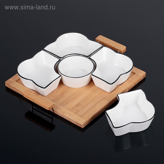 Набор салатников керамических с крышкой на деревянной подставке «Эстет. Квадрат», 5 предметов, 33×27,5×11 см, цвет белый Набор салатников керамических с крышкой на деревянной подставке «Эстет. Квадрат», 5 предметов, 33×27,5×11 см, цвет белый