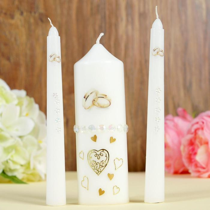 Набор свадебных свечей с бусинами  Набор свадебных свечей с бусинами "Обручальные кольца", белый, ручная работа, микс