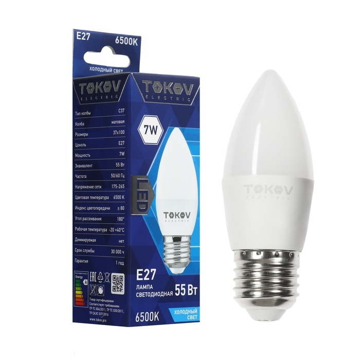 Лампа светодиодная TOKOV ELECTRIC, 7 Вт, С37, 6500 К, Е27, 176-264В Лампа светодиодная TOKOV ELECTRIC, 7 Вт, С37, 6500 К, Е27, 176-264В