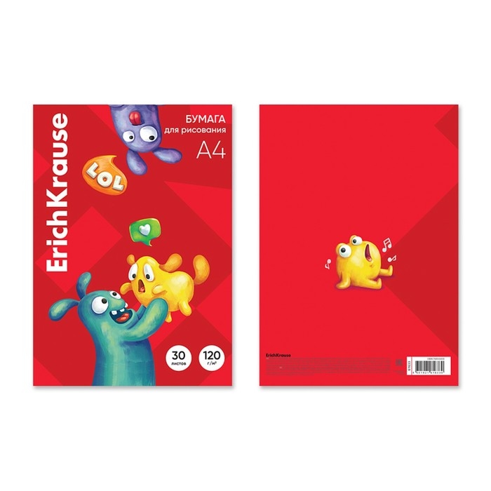 Бумага для рисования А4, 30 листов, ErichKrause Jolly Friends, блок 120 г/м², 100% белизна, картонная папка Бумага для рисования А4, 30 листов, ErichKrause Jolly Friends, блок 120 г/м², 100% белизна, картонная папка