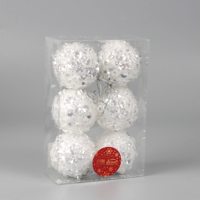 Набор шаров пластик d-7 см, 6 шт Набор шаров пластик d-7 см, 6 шт "Альваро" пайетки, белый
