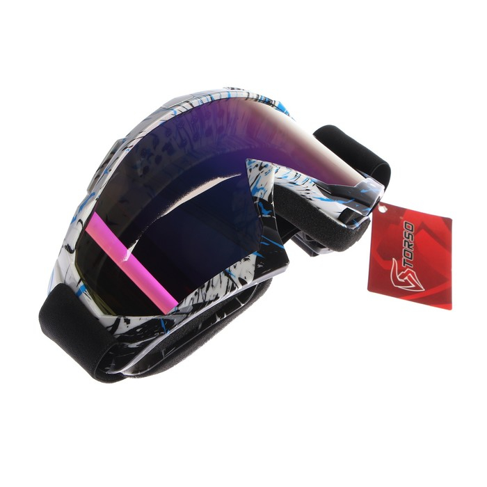 Очки-маска для езды на мототехнике, стекло сине-фиолетовый хамелеон, бело-синие, ОМ-15 Очки-маска для езды на мототехнике, стекло сине-фиолетовый хамелеон, бело-синие, ОМ-15