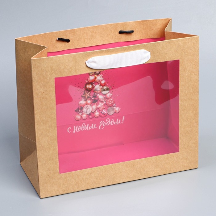 Пакет подарочный новогодний крафтовый с пластиковым окном «Новогодние шары», 24 х 20 х 11см Пакет подарочный новогодний крафтовый с пластиковым окном «Новогодние шары», 24 х 20 х 11см