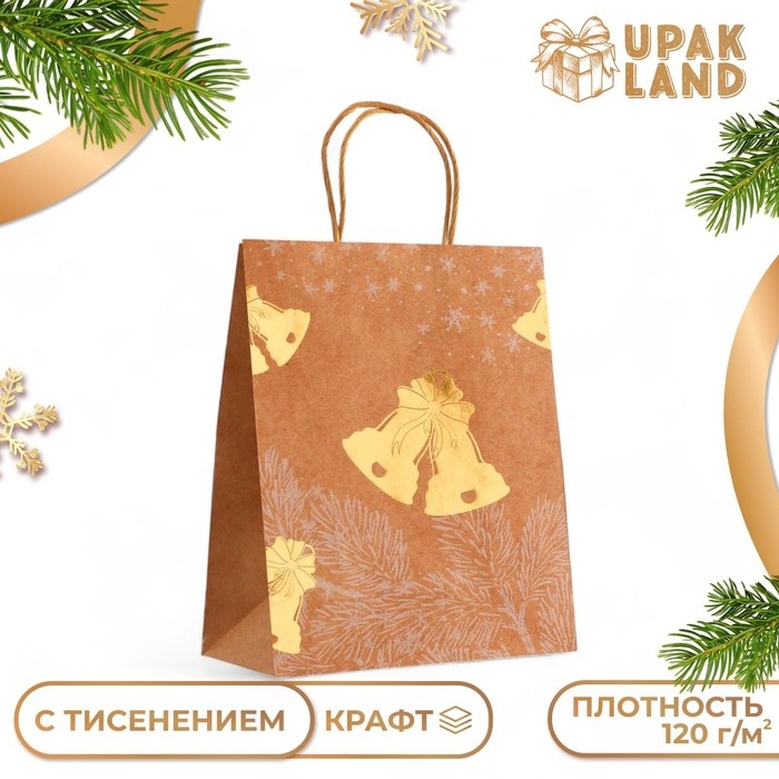 Пакет крафт с золотым тиснением, круглая ручка, Пакет крафт с золотым тиснением, круглая ручка, "Колокольчик" 33 х 25 х 12 см, 120 г
