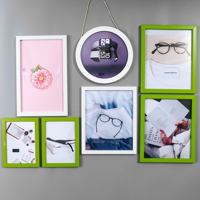 Фоторамка пластик на 7 фото+надпись+полочка  Фоторамка пластик на 7 фото+надпись+полочка "Family. Птицы" зелёно-белые набор 86х186 см