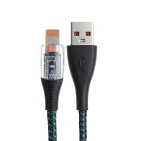 Кабель, 2 А, Lightning  - USB, прозрачный, оплётка нейлон, 1 м, зелёный