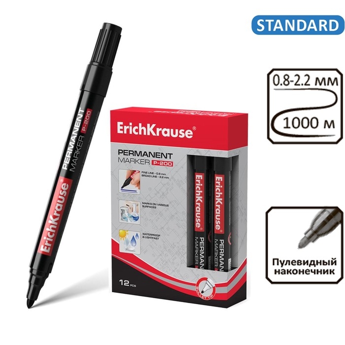 Маркер перманентный 0.8-2.2 мм, ErichKrause P-200, чёрный Маркер перманентный 0.8-2.2 мм, ErichKrause P-200, чёрный