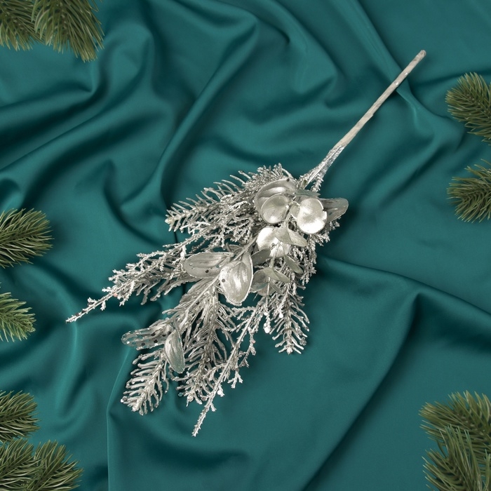 Декор  Декор "Новогодняя грация" веточка листочки, 37х14 см, серебро
