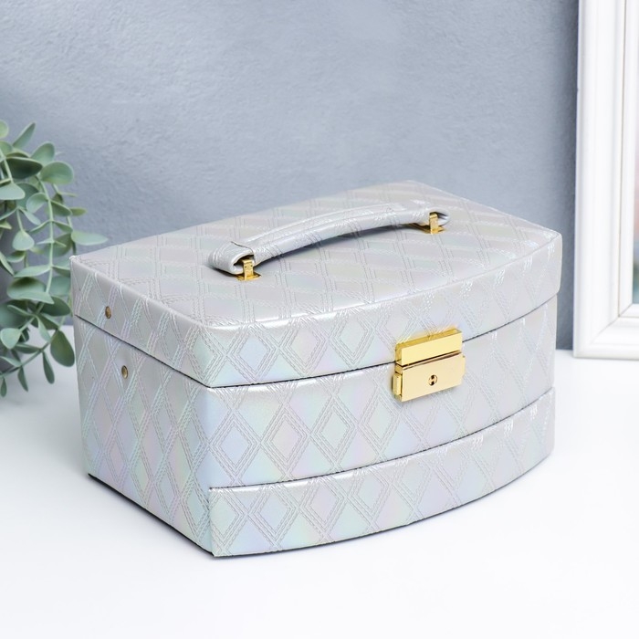 Шкатулка кожзам для украшений сундук  Шкатулка кожзам для украшений сундук "Сеть из ромбов. Серебро перламутр" 13х16х23 см